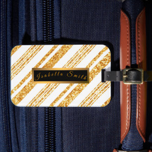 Gold White Glitter Boho Popular Stripes Collection Luggage Tag