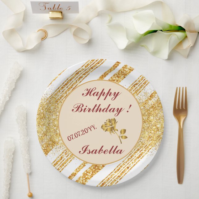Gold White Glitter Boho Popular Stripes Collection Paper Plates (Wedding)