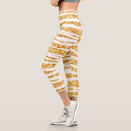 Gold White Glitter Boho Popular Tiger Collection Capri Leggings