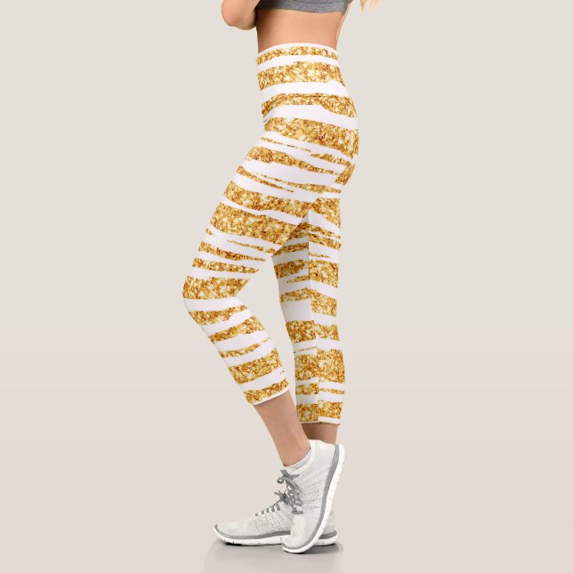 Gold White Glitter Boho Popular Tiger Collection Capri Leggings (Left)