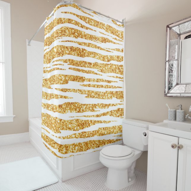 Gold White Glitter Boho Popular Tiger Collection Shower Curtain (In Situ)