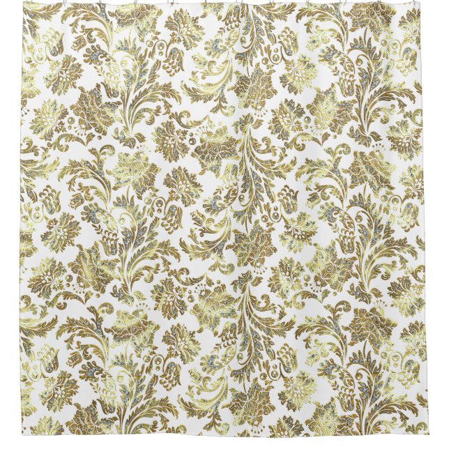 Gold & White Glitter Floral Damasks Shower Curtain (Front)
