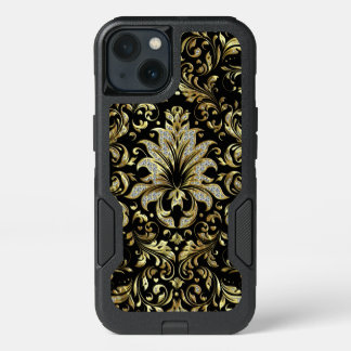 Gold & White Glitter Floral Lace Black Background iPhone 13 Case