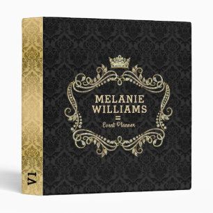 Gold & White Glitter Floral Swirls Frame & Crown 3 Ring Binder