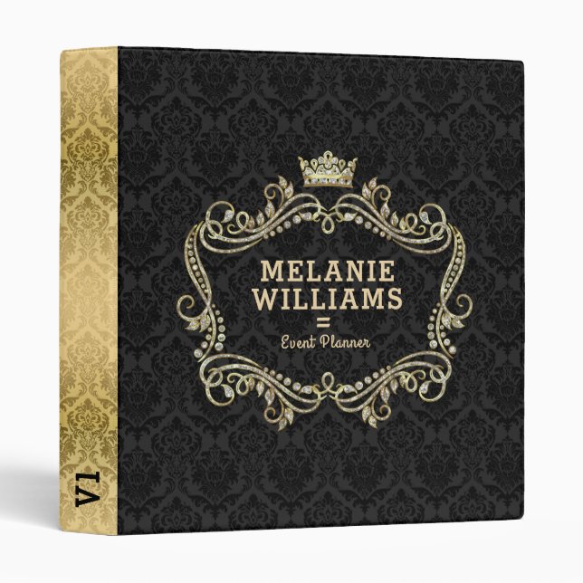 Gold & White Glitter Floral Swirls Frame & Crown 3 Ring Binder (Front/Spine)