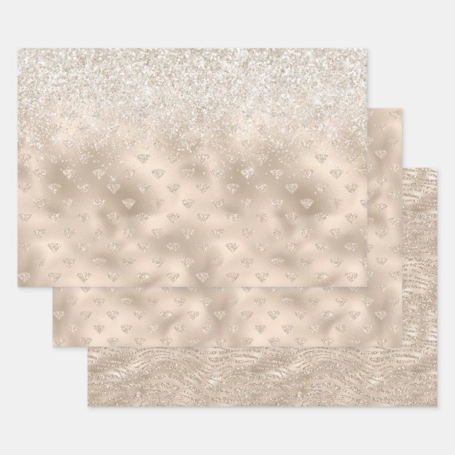 Gold White Glitz Glitter Diamonds Wrapping Paper Sheets (Set)