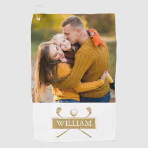 Gold White Golf Clubs And Ball Custom Name Photo Golf Towel