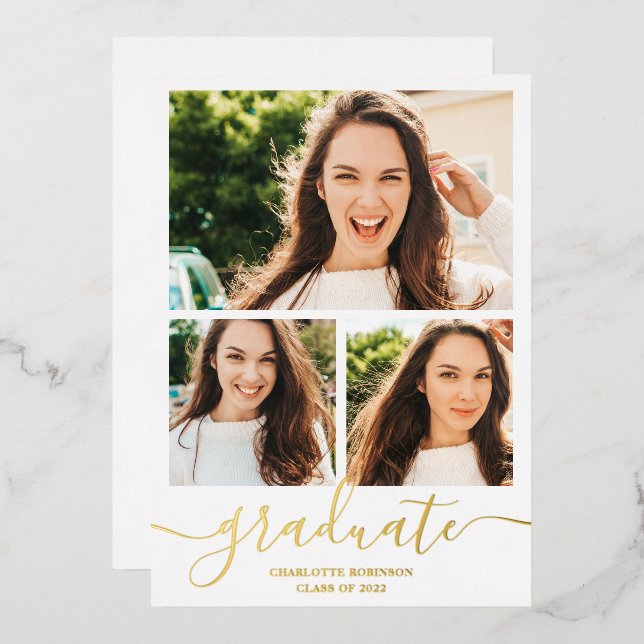 Gold white graduate script 3 photos graduation foil invitation (Front/Back)