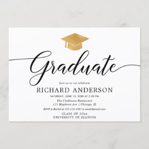 Gold white graduation party, simple calligraphy invitation