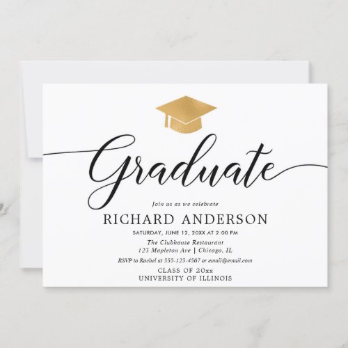 Gold white graduation party simple calligraphy invitation