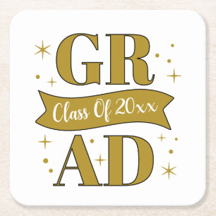 Gold & White Graduation Party Square Paper Coaster