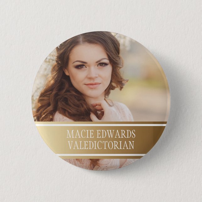 Gold White Graduation Photo Valedictorian Button (Front)