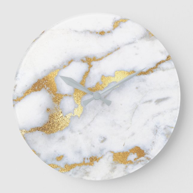 Gold White Gray Carrara Marble Stone Abstract Lux1 Large Clock (Front)