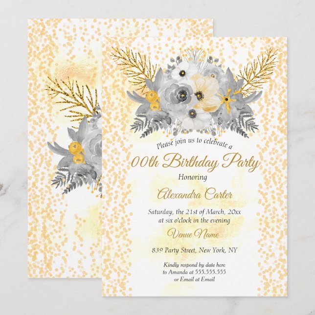 Gold White gray Floral Bouquet Birthday Party Invitation (Front/Back)