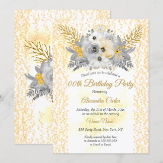 Gold White gray Floral Bouquet Birthday Party Invitation