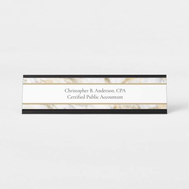 Gold White Gray Marble Business Professional Desk Name Plate (Front)