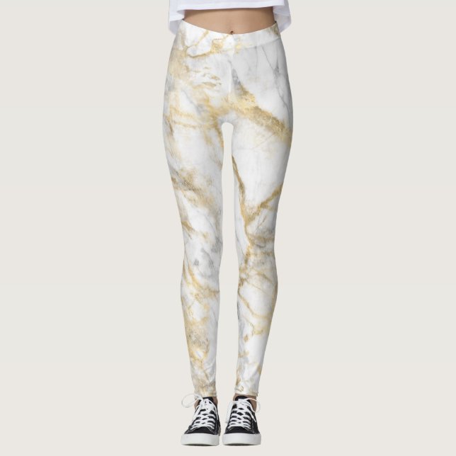 Gold White Gray Marble Pattern Yoga Women's Leggings (Front)