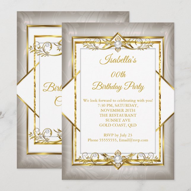 Gold White Gray Pearl beige Birthday Party Invitation (Front/Back)