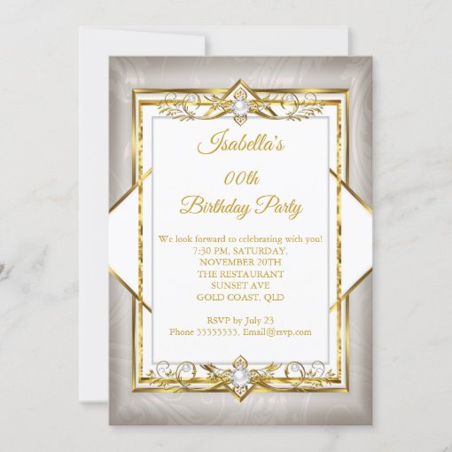 Gold White Gray Pearl beige Birthday Party Invitation | Zazzle