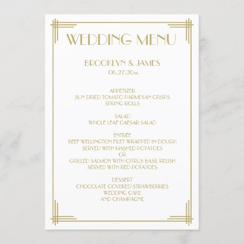 Gold White Great Gatsby Art Deco Wedding Menu