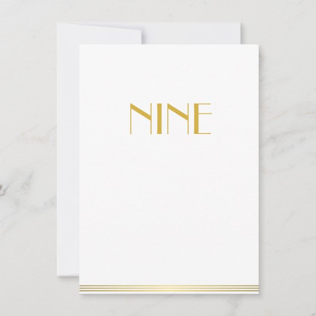 Gold White Great Gatsby Wedding Table Cards Nine (Front)