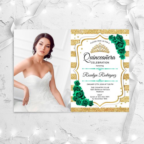 Gold White Green Elegant Photo Quinceanera Invitation