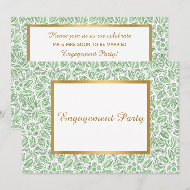 GOLD WHITE GREEN LACE VINTAGE ENGAGEMENT PARTY INVITATION (Front/Back)