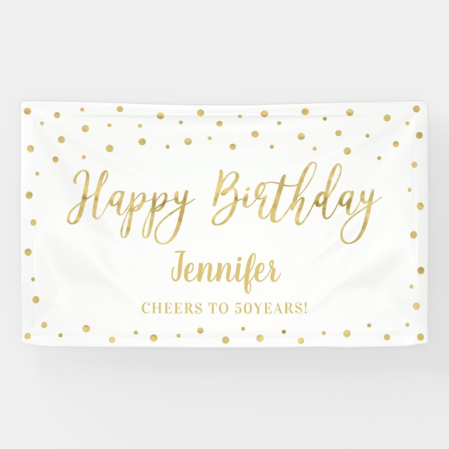 Gold & White Happy Birthday Party Banner (Horizontal)
