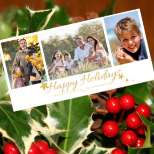 Gold & White Happy Holidays 3 Photo Collage Holiday Card