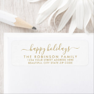 Gold White Happy Holidays Script Return Address Label