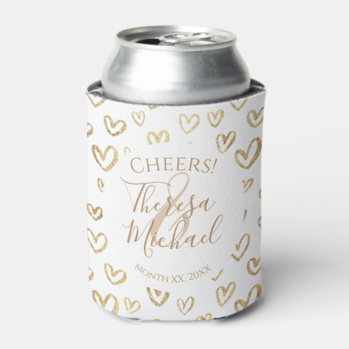 Gold White Hearts Custom Saying Name Date Can Cooler