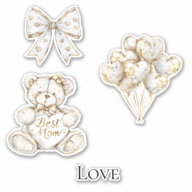 Gold White Hearts Mom  Sticker (Front)