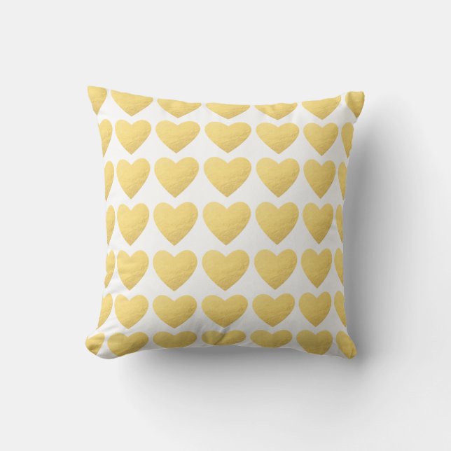 Gold white hearts pattern throw pillow (Front)
