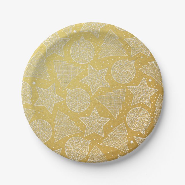 Gold & White Holiday Pattern Custom Christmas Paper Plates (Front)