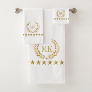 Gold White Laurel Wreath Monogram Bath Towel Set
