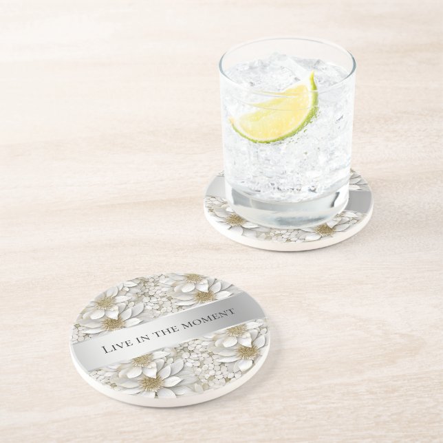 Gold White Lotus Flowers  Coaster (Side)