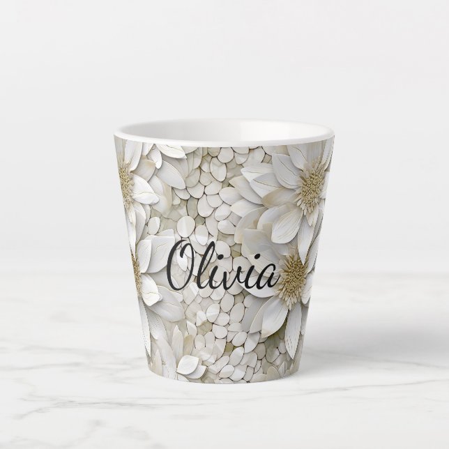 Gold White Lotus Flowers Personalized Latte Mug (Front)