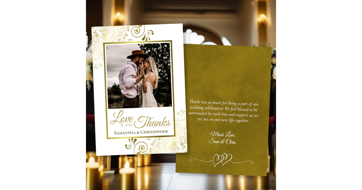 Gold & White Love & Thanks Photo & Note Wedding Thank You Card | Zazzle