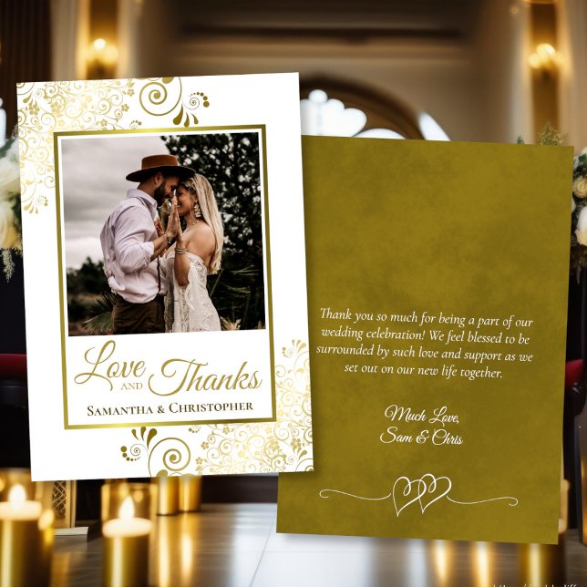 Gold & White Love & Thanks Photo & Note Wedding Thank You Card (Front/Back)