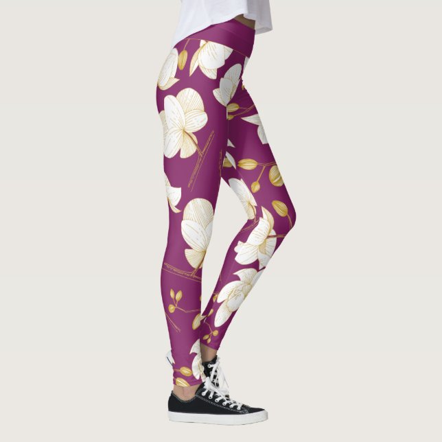 Gold, white & magenta elegant orchid floral modern leggings (Right)