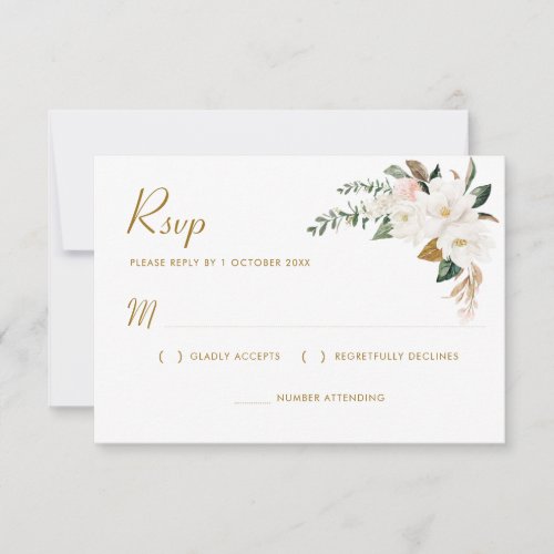 gold  white magnolia floral RSVP card