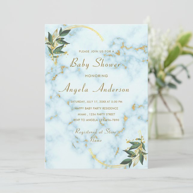 Gold White Marble Baby Shower Invitation Template (Standing Front)