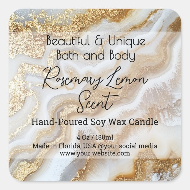 Gold White Marble Bottle Candle Jar Product Label (Front)