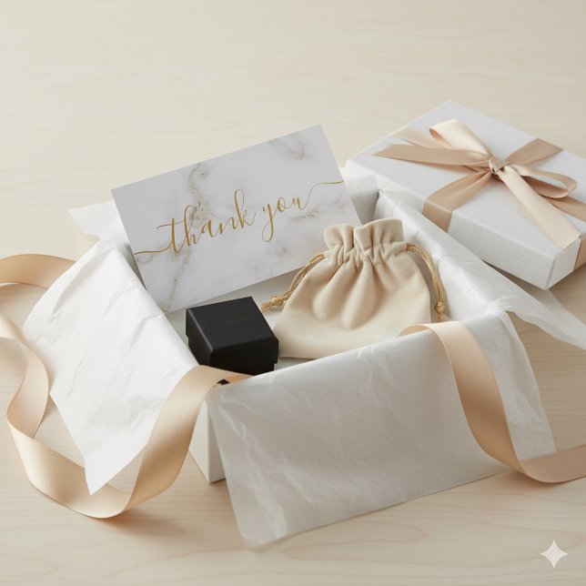 Gold white marble effect luxury customer thank you enclosure card (White marble effect with gold script "thank you" packaging enclosure card.)