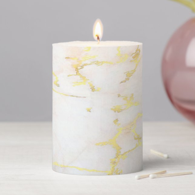 Gold White Marble Elegant Trendy Template Pillar Candle (In Situ)