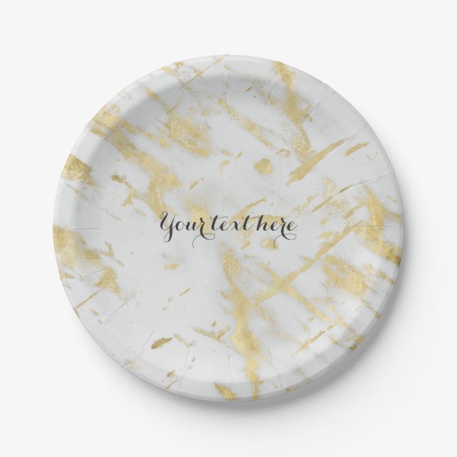 Gold & White Marble Glam Elegant Designer Style Paper Plates (Front)