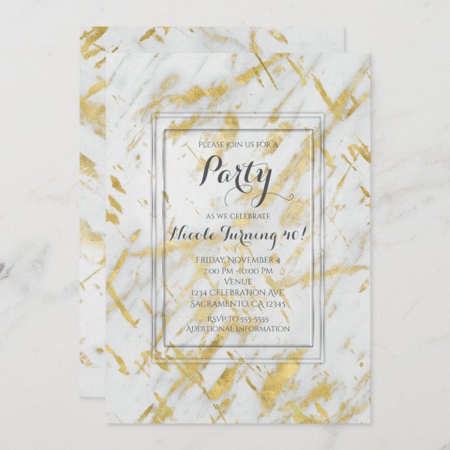 Gold & White Marble Glam Modern Party Invitations (Front/Back)