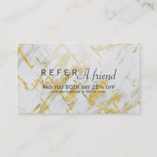 Gold & White Marble Glam Salon Refer a Friend Card (Front)