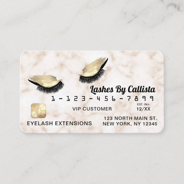 Gold White Marble Glitter Lashes Credit Business Card (Front)