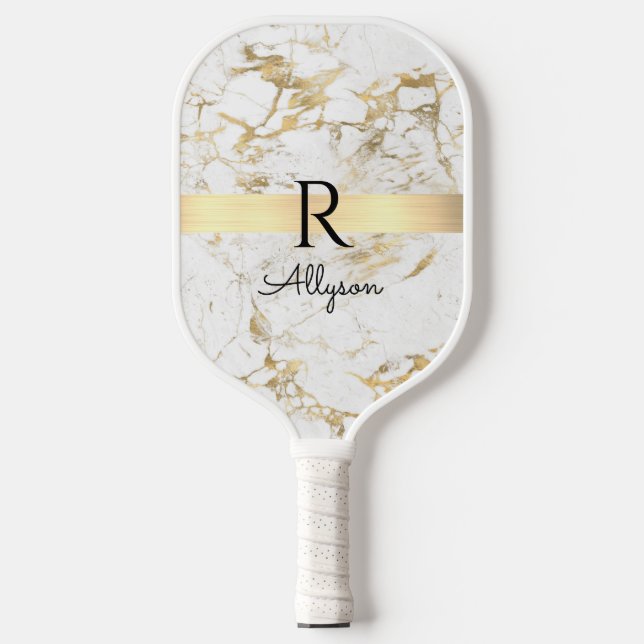 Gold & White Marble, Gold Bar, Black Name/Monogram Pickleball Paddle (Front)